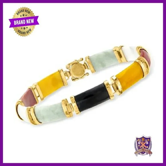 18kt Gold Over Sterling Jade Bracelet 7.5 Inch Figure 8 Clasp